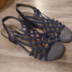 Impo Roswen Navy Woven Stretch Low Wedge Sandal